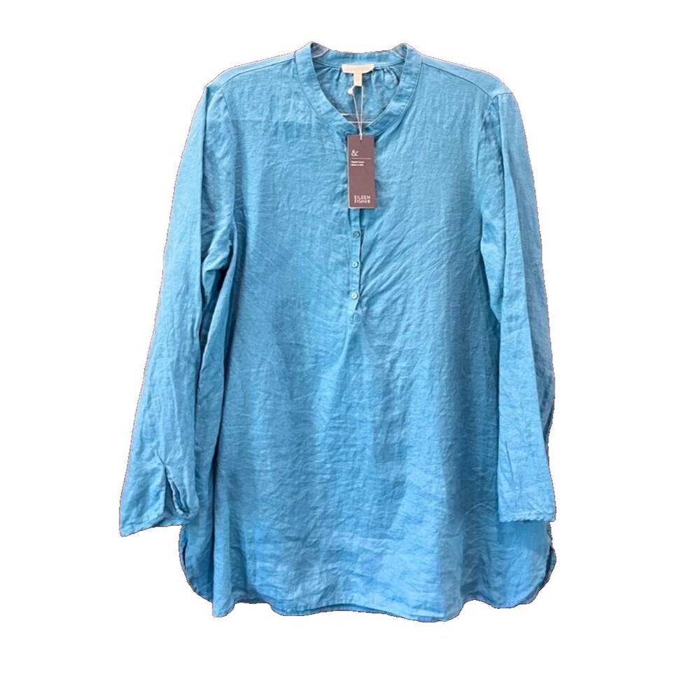 Eileen Fisher Size L NEW Mandarin Collar Organic Linen Tunic Top Button Jay Blue